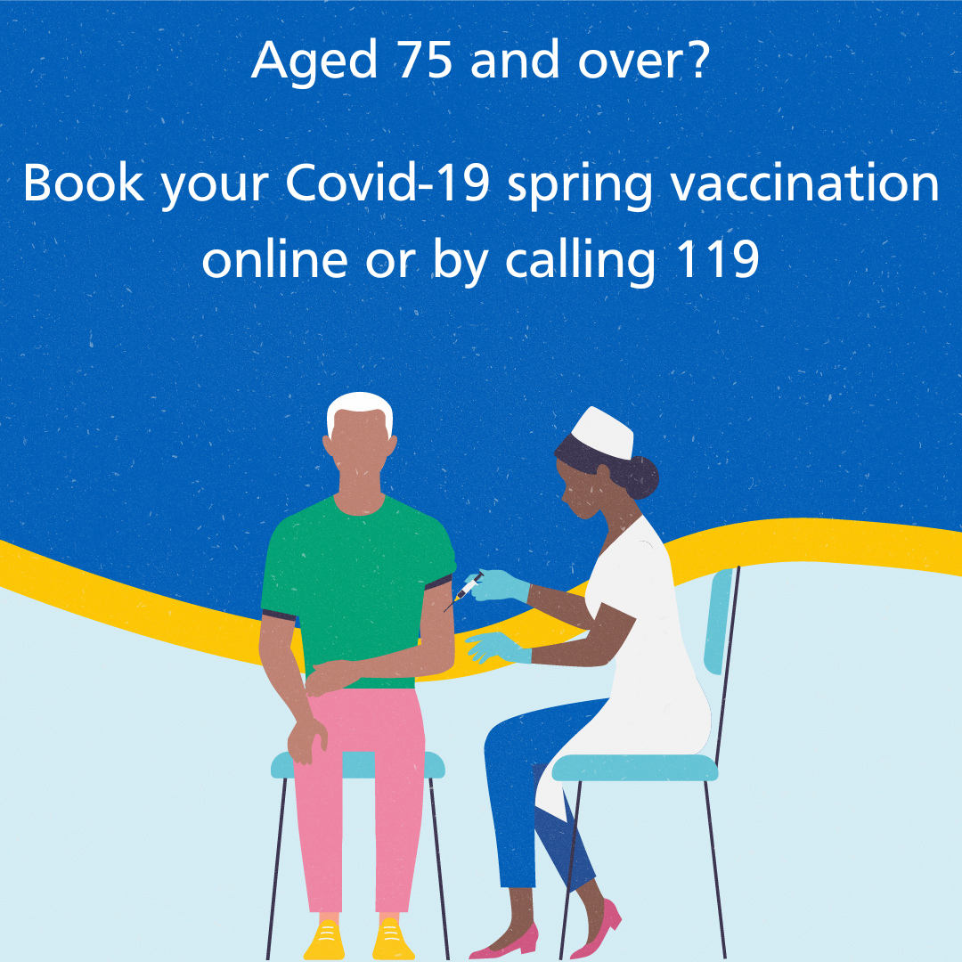 Illustration of a healthcare worker vaccinating an elderly person, with a promotional message encouraging Covid-19 vaccinations for those aged 75 and over.