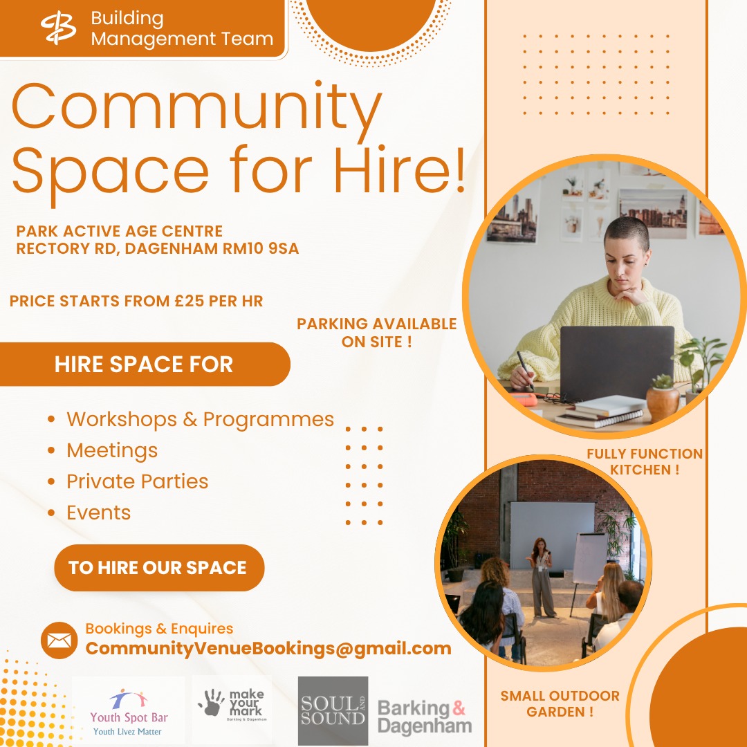 Flyer for hiring a community space with images of a person working at a laptop and a woman presenting to an audience.
